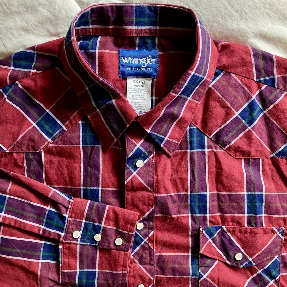 Vtg Wrangler Pearl Snap Western Shirt Mens 2X Cotton Poly Plaid Red Blue EUC